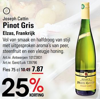 Promoties Joseph cattin pinot gris elzas - Witte wijnen - Geldig van 14/03/2024 tot 30/03/2024 bij Sligro
