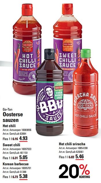 Promoties Oosterse sauzen hot chili - Go Tan - Geldig van 14/03/2024 tot 30/03/2024 bij Sligro