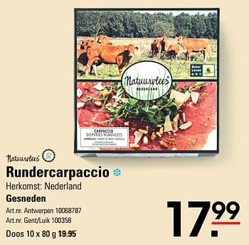 Promotions Rundercarpaccio gesneden - Natuurvlees Nederland - Valide de 14/03/2024 à 30/03/2024 chez Sligro