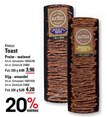 Promoties Toast pruim walnoot - Kletzzz - Geldig van 14/03/2024 tot 30/03/2024 bij Sligro