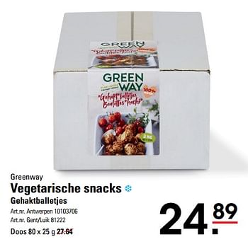 Promotions Vegetarische snacks gehaktballetjes - Greenway - Valide de 14/03/2024 à 30/03/2024 chez Sligro