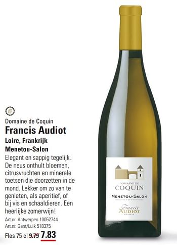 Promoties Domaine de coquin francis audiot - Witte wijnen - Geldig van 14/03/2024 tot 30/03/2024 bij Sligro