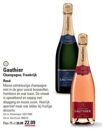 Promotions Gauthier champagne rosé - Champagne - Valide de 14/03/2024 à 30/03/2024 chez Sligro