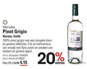 Promoties Villa luisa pinot grigio veneto - Witte wijnen - Geldig van 14/03/2024 tot 30/03/2024 bij Sligro