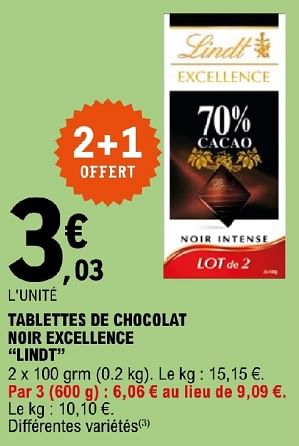 Promotions Tablettes de chocolat noir excellence lindt - Lindt - Valide de 19/03/2024 à 30/03/2024 chez E.Leclerc