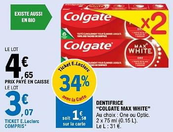 Promoties Dentifrice colgate max white” - Colgate - Geldig van 19/03/2024 tot 30/03/2024 bij E.Leclerc
