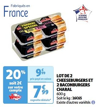 Promoties Lot de 2 cheeseburgers et 2 baconburgers charal - Charal - Geldig van 19/03/2024 tot 01/04/2024 bij Auchan