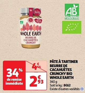 Promotions Pâte à tartiner beurre de cacahuètes crunchy bio whole earth - Whole Earth - Valide de 19/03/2024 à 01/04/2024 chez Auchan Ronq