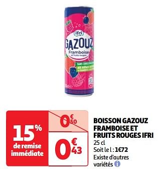 Promoties Boisson gazouz framboise et fruits rouges ifri - Ifri - Geldig van 19/03/2024 tot 01/04/2024 bij Auchan
