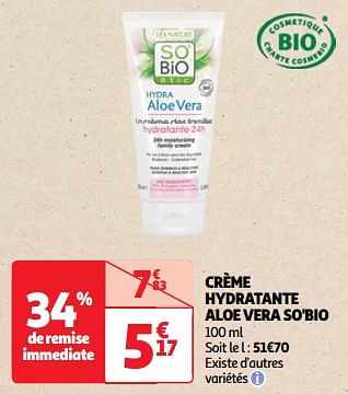 Promotions Crème hydratante aloe vera so`bio - So' Bio Étic - Valide de 19/03/2024 à 01/04/2024 chez Auchan Ronq