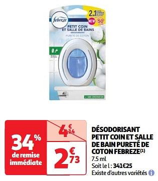 Promoties Désodorisant petit coin et salle de bain pureté de coton febreze - Febreze - Geldig van 19/03/2024 tot 01/04/2024 bij Auchan