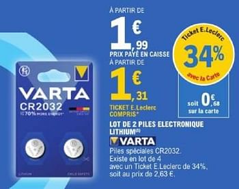 Promotions Lot de 2 piles electronique lithium - Varta - Valide de 19/03/2024 à 30/03/2024 chez E.Leclerc