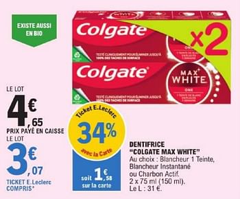 Promoties Dentifrice colgate max white - Colgate - Geldig van 19/03/2024 tot 30/03/2024 bij E.Leclerc