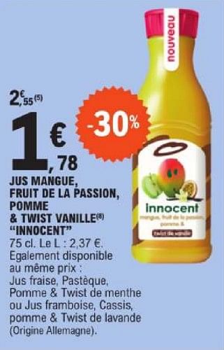 Promotions Jus mangue fruit de la passion pomme + twist vanille innocent - Innocent - Valide de 19/03/2024 à 30/03/2024 chez E.Leclerc