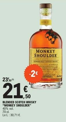 Promoties Blended scotch whisky monkey shoulder - Monkey Shoulder - Geldig van 19/03/2024 tot 30/03/2024 bij E.Leclerc
