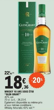 Promotions Whisky 10 ans sous étui glen grant - Glengrant - Valide de 19/03/2024 à 30/03/2024 chez E.Leclerc
