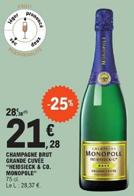 Promotions Champagne brut grande cuvée heidsieck + co monopole - Champagne - Valide de 19/03/2024 à 30/03/2024 chez E.Leclerc