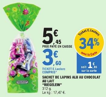 Promotions Sachet de lapins alu au chocolat au lait riegelein - Riegelein - Valide de 19/03/2024 à 30/03/2024 chez E.Leclerc