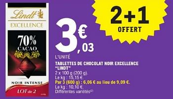 Promoties Tablettes de chocolat noir excellence lindt - Lindt - Geldig van 19/03/2024 tot 30/03/2024 bij E.Leclerc