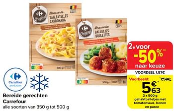 Promotions Gehaktballetjes met tomatensaus, bonen en puree - Produit maison - Carrefour  - Valide de 20/03/2024 à 02/04/2024 chez Carrefour