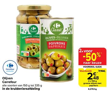 Promoties Groene olijven met paprika`s - Huismerk - Carrefour  - Geldig van 20/03/2024 tot 02/04/2024 bij Carrefour