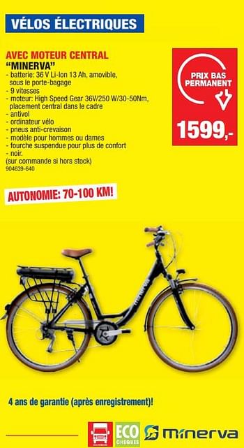 Promotions Vélos électriques avec moteur central minerva - Minerva - Valide de 13/03/2024 à 24/03/2024 chez Hubo