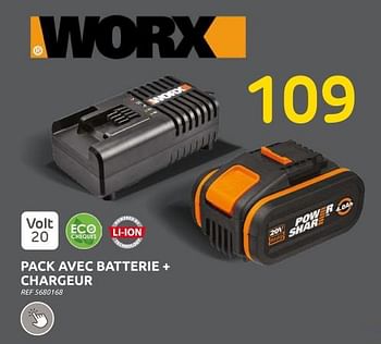 Promotions Worx pack avec batterie + chargeur - Worx - Valide de 13/03/2024 à 25/03/2024 chez Brico