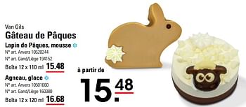 Promoties Gâteau de pâques lapin de pâques, mousse - Van Gils - Geldig van 14/03/2024 tot 30/03/2024 bij Sligro