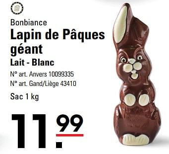 Promoties Lapin de pâques géant lait - blanc - Bonbiance - Geldig van 14/03/2024 tot 30/03/2024 bij Sligro