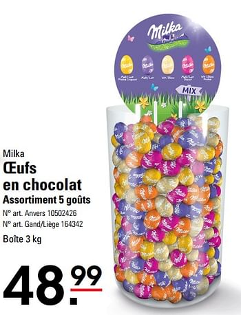 Promotions Oeufs en chocolat assortiment 5 goûts - Milka - Valide de 14/03/2024 à 30/03/2024 chez Sligro