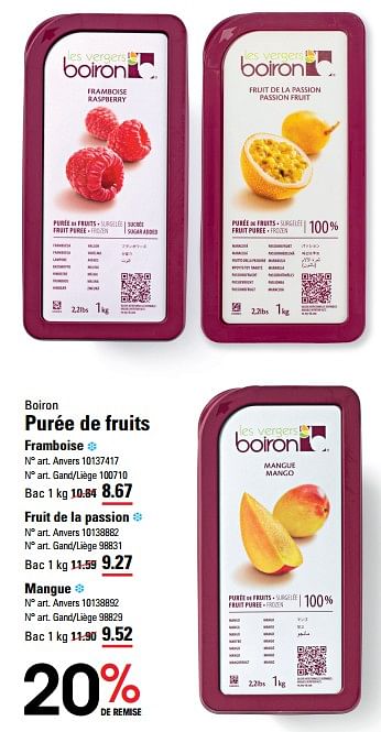Promoties Purée de fruits framboise - Boiron - Geldig van 14/03/2024 tot 30/03/2024 bij Sligro