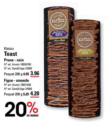 Promotions Toast prune - noix - Kletzzz - Valide de 14/03/2024 à 30/03/2024 chez Sligro