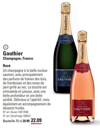 Promotions Gauthier champagne, france rosé - Champagne - Valide de 14/03/2024 à 30/03/2024 chez Sligro