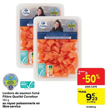 Promoties Lardons de saumon fumé filière qualité carrefour - Huismerk - Carrefour  - Geldig van 20/03/2024 tot 02/04/2024 bij Carrefour