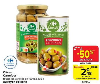 Promotions Olives vertes poivrons - Produit maison - Carrefour  - Valide de 20/03/2024 à 02/04/2024 chez Carrefour