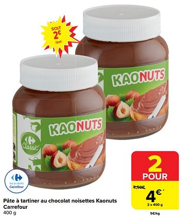 Promotions Pâte à tartiner au chocolat noisettes kaonuts carrefour - Produit maison - Carrefour  - Valide de 20/03/2024 à 02/04/2024 chez Carrefour