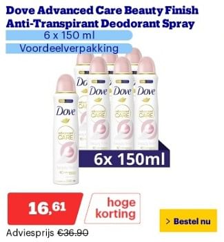 Promoties Dove advanced care beauty finish anti-transpirant deodorant spray - Dove - Geldig van 18/03/2024 tot 24/03/2024 bij Bol.com