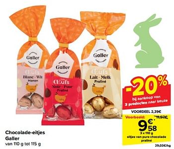 Promotions Eitjes van pure chocolade praliné - Galler - Valide de 20/03/2024 à 02/04/2024 chez Carrefour