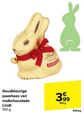 Promoties Goudkleurige paashaas van melkchocolade lindt - Lindt - Geldig van 20/03/2024 tot 02/04/2024 bij Carrefour
