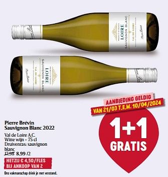 Promoties Pierre brévin sauvignon blanc 2022 - Witte wijnen - Geldig van 21/03/2024 tot 27/03/2024 bij Delhaize