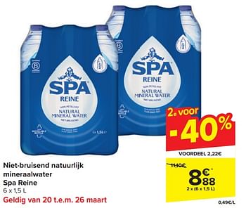 Promotions Niet-bruisend natuurlijk mineraalwater spa reine - Spa - Valide de 20/03/2024 à 02/04/2024 chez Carrefour
