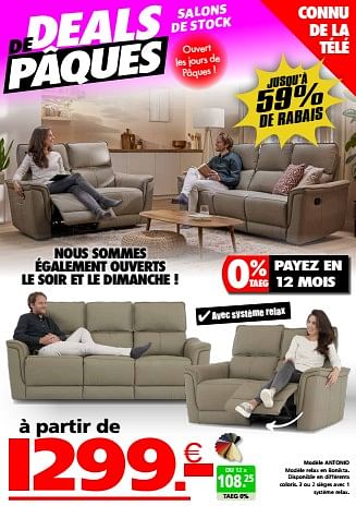 Promotions Modèle antonio - Produit maison - Seats and Sofas - Valide de 24/03/2024 à 01/04/2024 chez Seats and Sofas