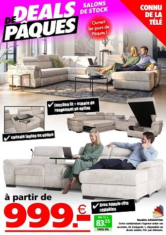 Promotions Modèle argentina - Produit maison - Seats and Sofas - Valide de 24/03/2024 à 01/04/2024 chez Seats and Sofas