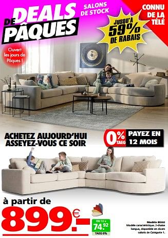 Promotions Modèle beau - Produit maison - Seats and Sofas - Valide de 24/03/2024 à 01/04/2024 chez Seats and Sofas