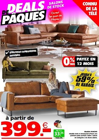 Promotions Modèle pancho - Produit maison - Seats and Sofas - Valide de 24/03/2024 à 01/04/2024 chez Seats and Sofas