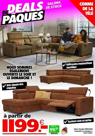 Promotions Salon d‘angle portland - Produit maison - Seats and Sofas - Valide de 24/03/2024 à 01/04/2024 chez Seats and Sofas