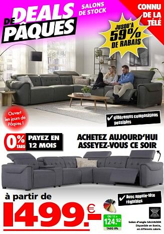 Promoties Salon d’angle salvador - Huismerk - Seats and Sofas - Geldig van 24/03/2024 tot 01/04/2024 bij Seats and Sofas