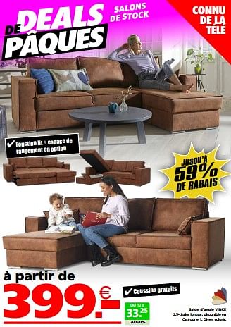 Promotions Salon d’angle vince - Produit maison - Seats and Sofas - Valide de 24/03/2024 à 01/04/2024 chez Seats and Sofas