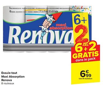Promotions Essuie-tout maxi absorption renova - Renova - Valide de 20/03/2024 à 02/04/2024 chez Carrefour