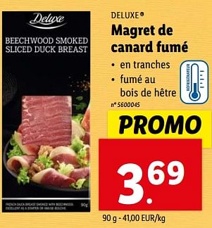 Promotions Magret de canard fumé - Deluxe - Valide de 27/03/2024 à 02/04/2024 chez Lidl